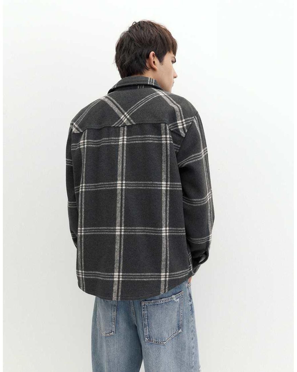 Pull&Bear Gray Checked Long Sleeve Overshirt for men