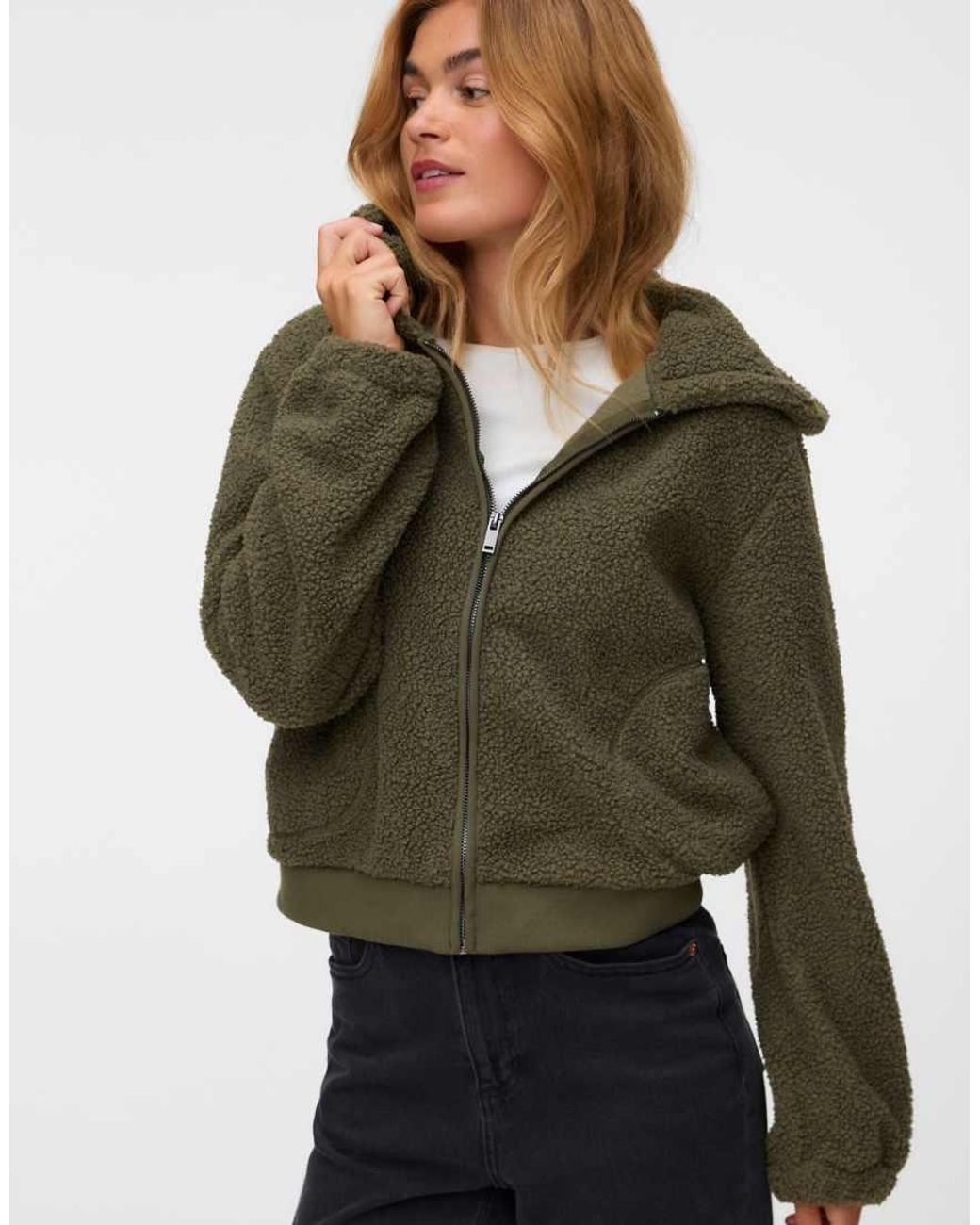 Vero Moda Green Flash Teddy Zip-Up Hooded Jacket