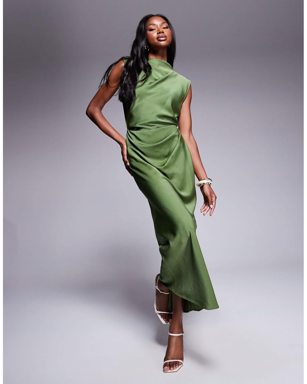 knee length dresses for ladies Rent ASOS DESIGN Tall Satin Drape Dress With Wrap Skirt In Chocolate main image 1