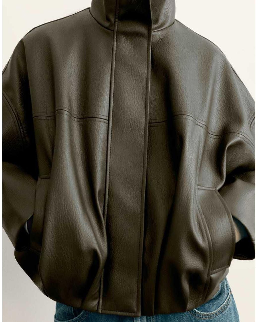 Pull&Bear Green Leather Effect Balloon Jacket With Funnel Neck