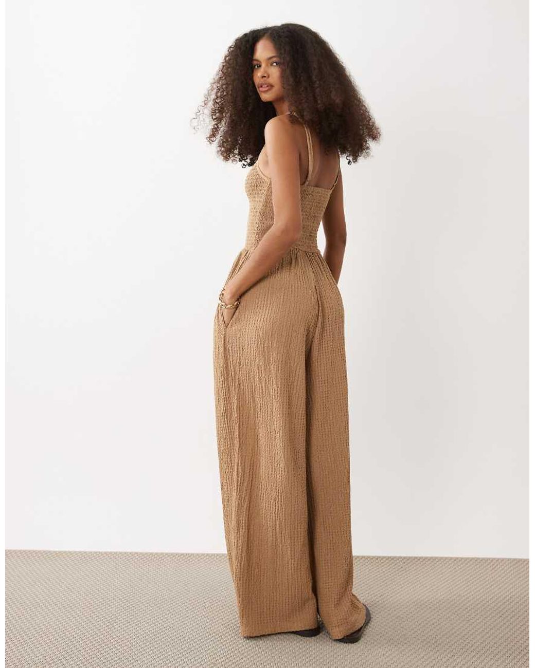 Brave Soul Brown Textured Jersey Jumpsuit With Shirred Bodice