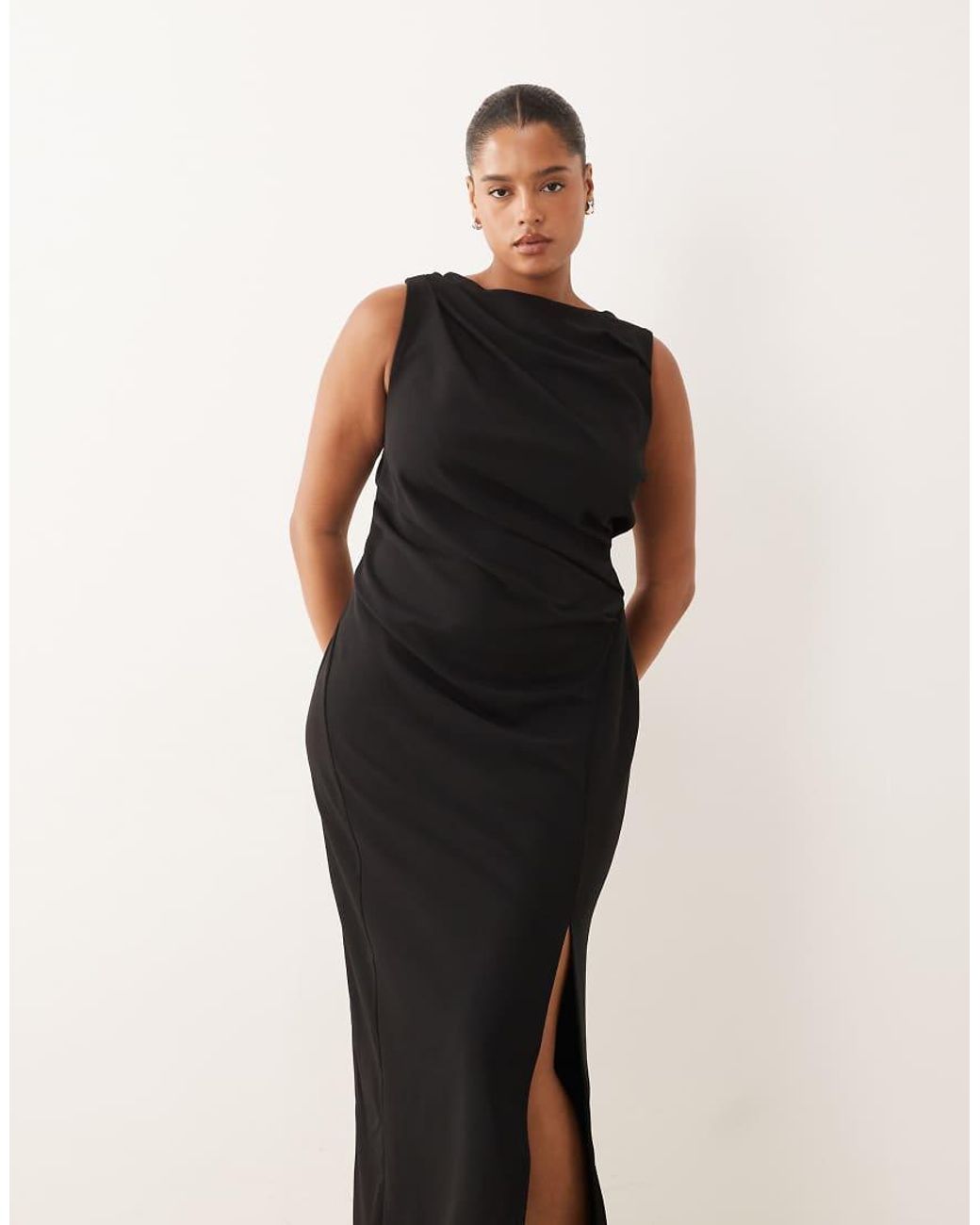 ASOS Black Asos Design Curve Slash Neck Ruched Midi Dress