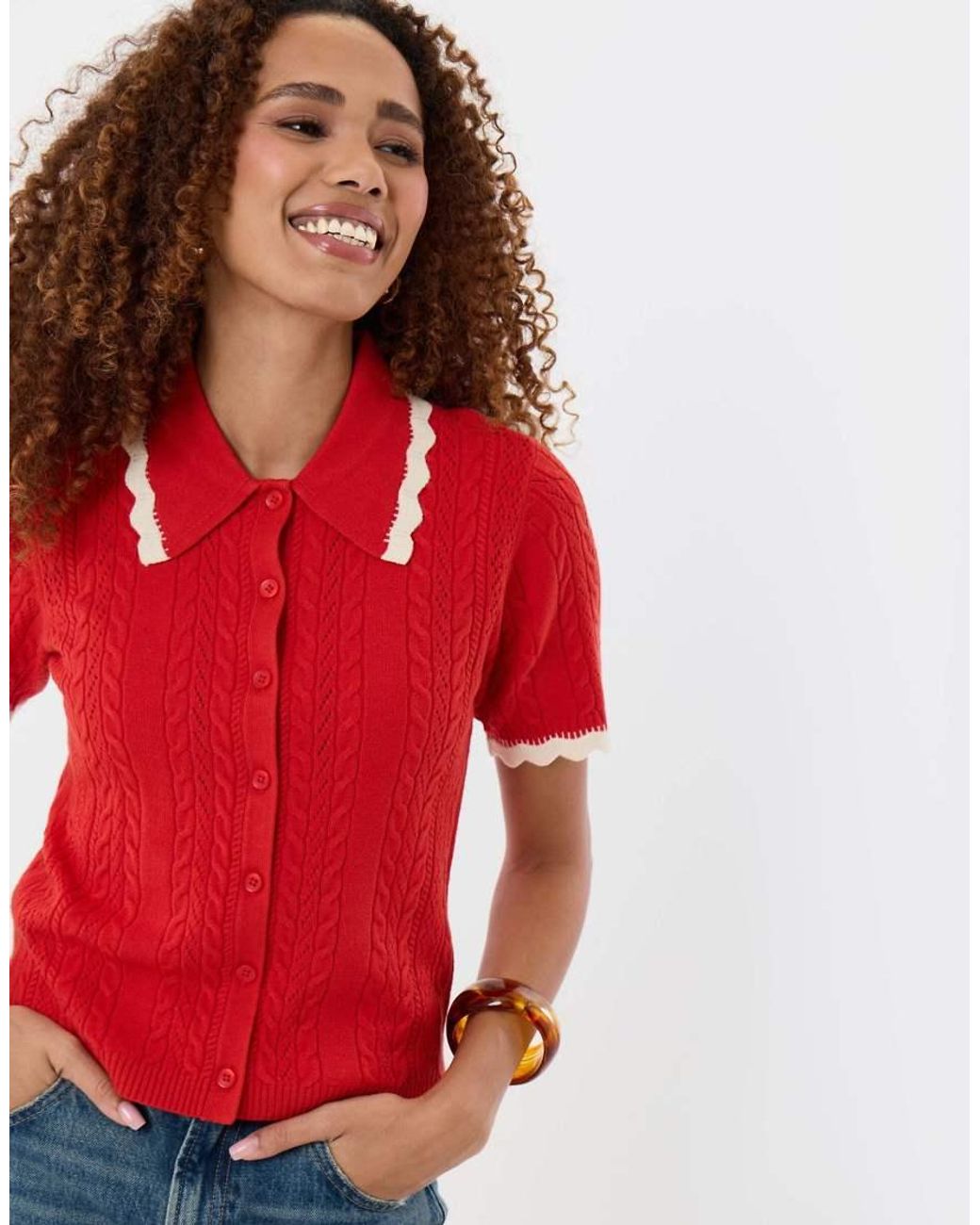 Threadbare Red Cable Knit Scallop Trim Polo