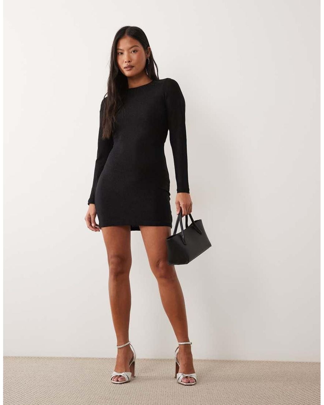 Only Petite Black Long Sleeve Open Back Glitter Mini Dress