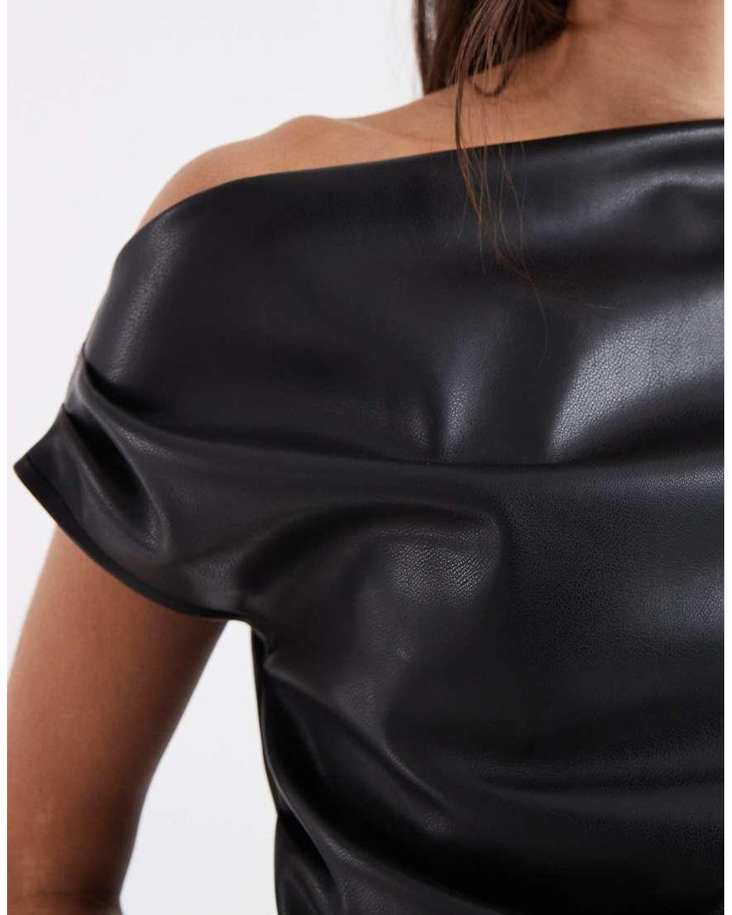 ASOS Black Pu Asymmetrical Off Shoulder Short Sleeve Top