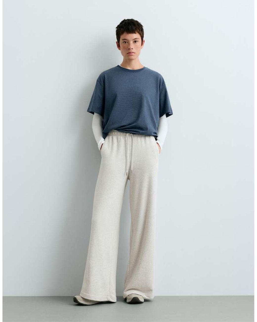 Oysho White Marl Cotton Straight-Leg Trousers