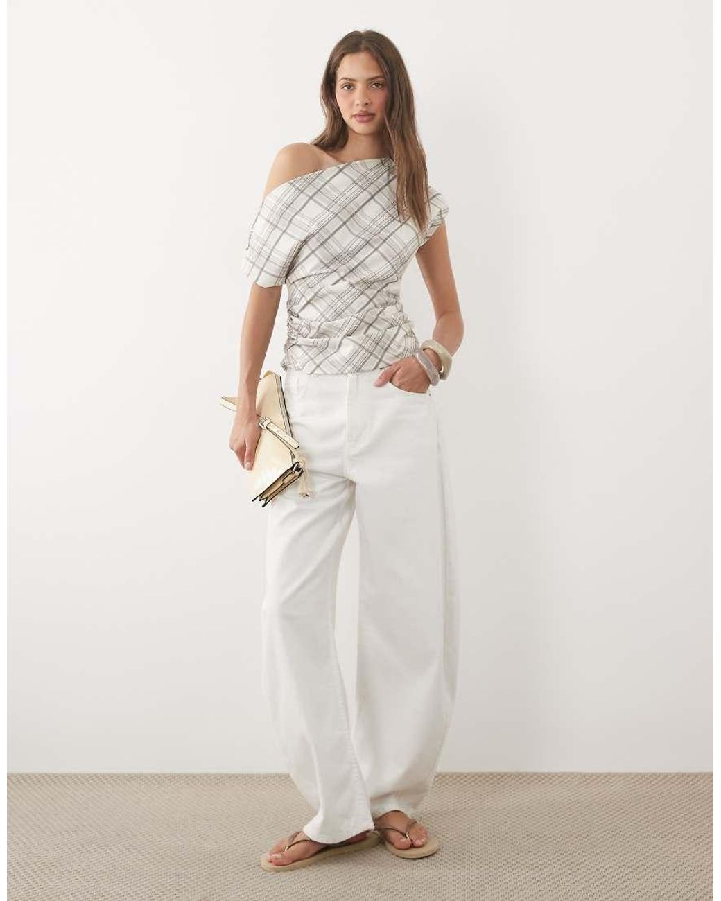 ASOS White Fallen Shoulder Cinched Waist Top