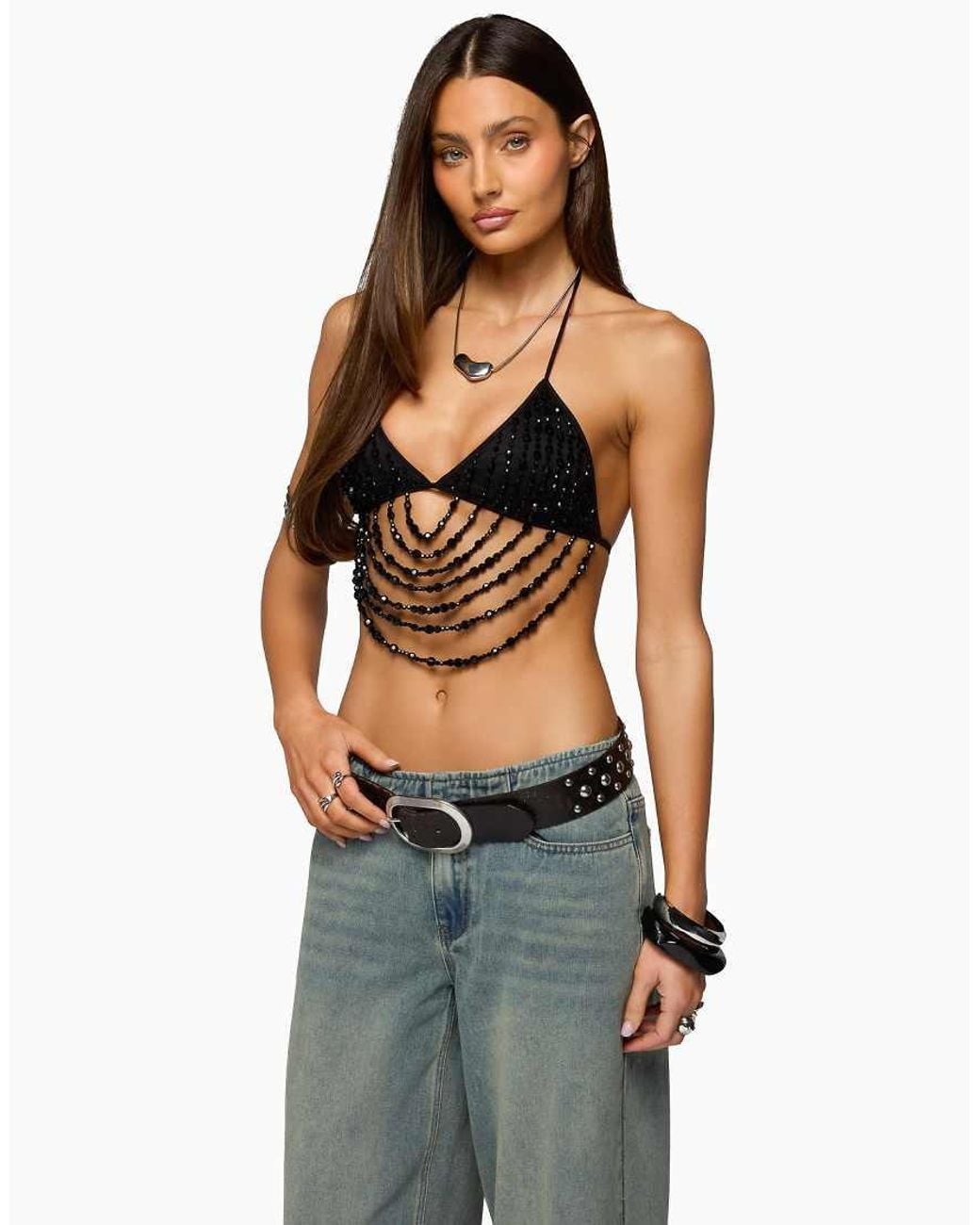 Edikted Black Beaded Cowl Neck Bra Top