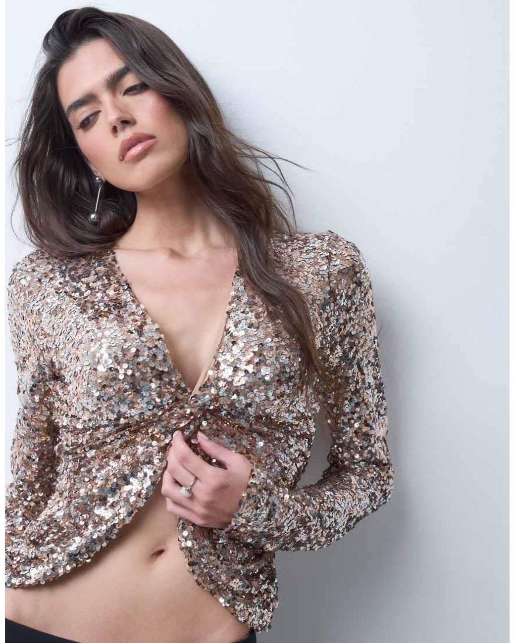 ASOS Brown Sequin Plunge Drape Long Sleeve Top