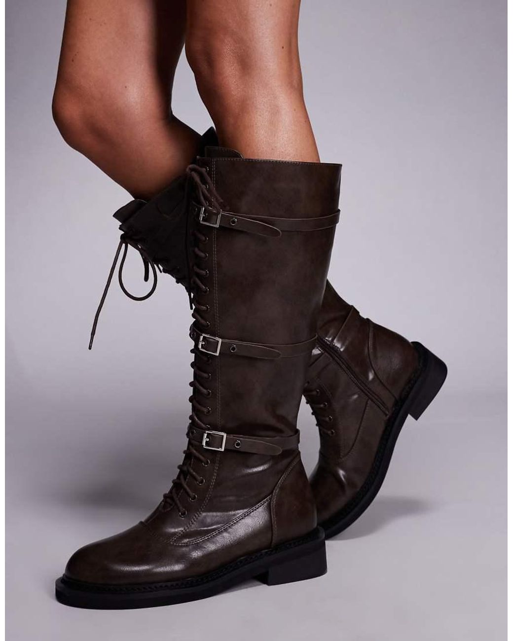 Public Desire Black Arun Lace Up Knee Boots