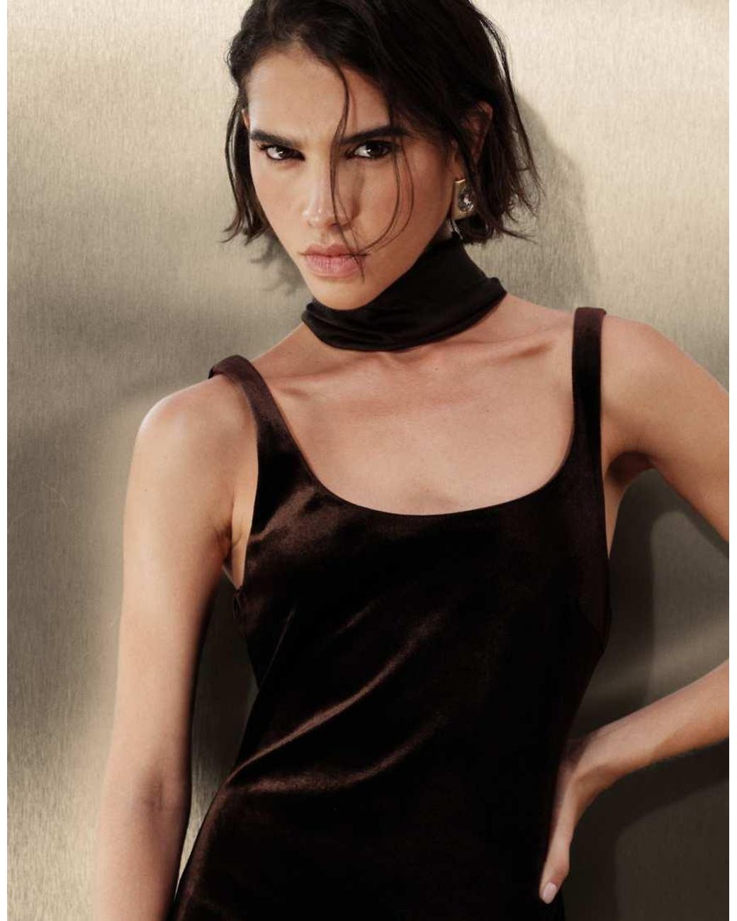 Pretty Lavish Brown Velvet Scoop Neck Scarf Detail Maxi Dress