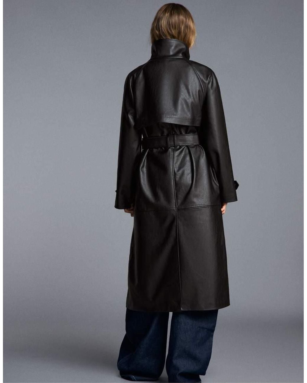 Bershka Black Long Leather Effect Belt Trench Coat