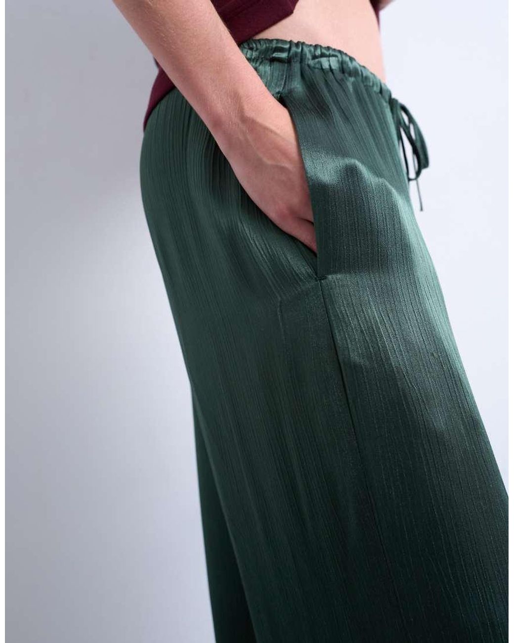 TOPSHOP Red Crinkle Satin Wide Leg Trouser