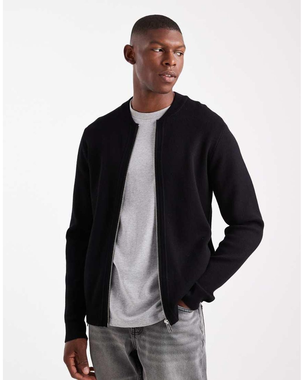 Threadbare Black Knitted Zip Through Bomber Cardigan for men