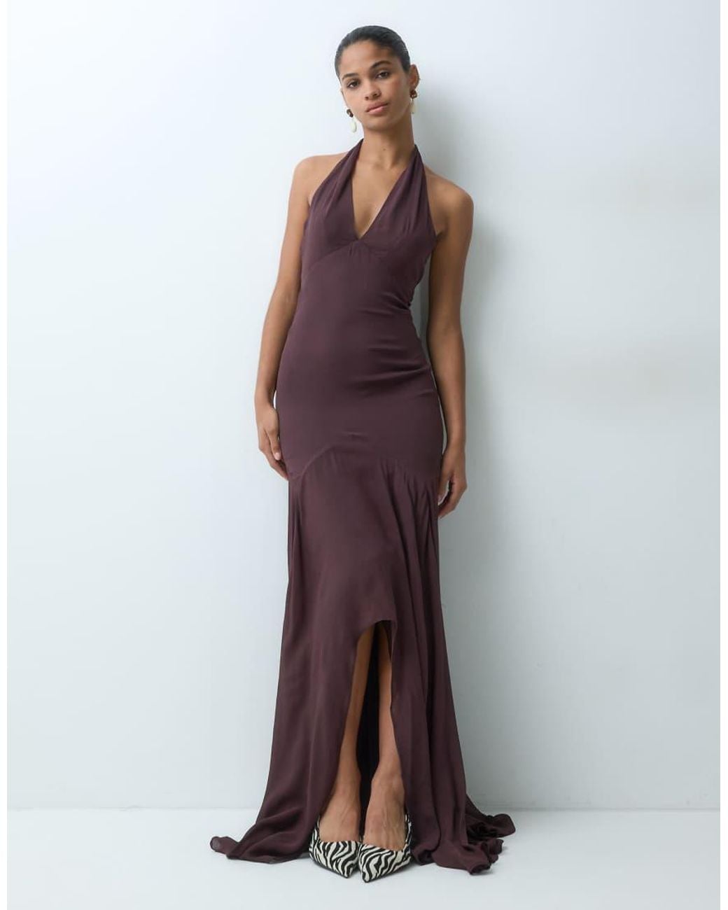 True Decadence Brown Halter Neck Backless Maxi Dress