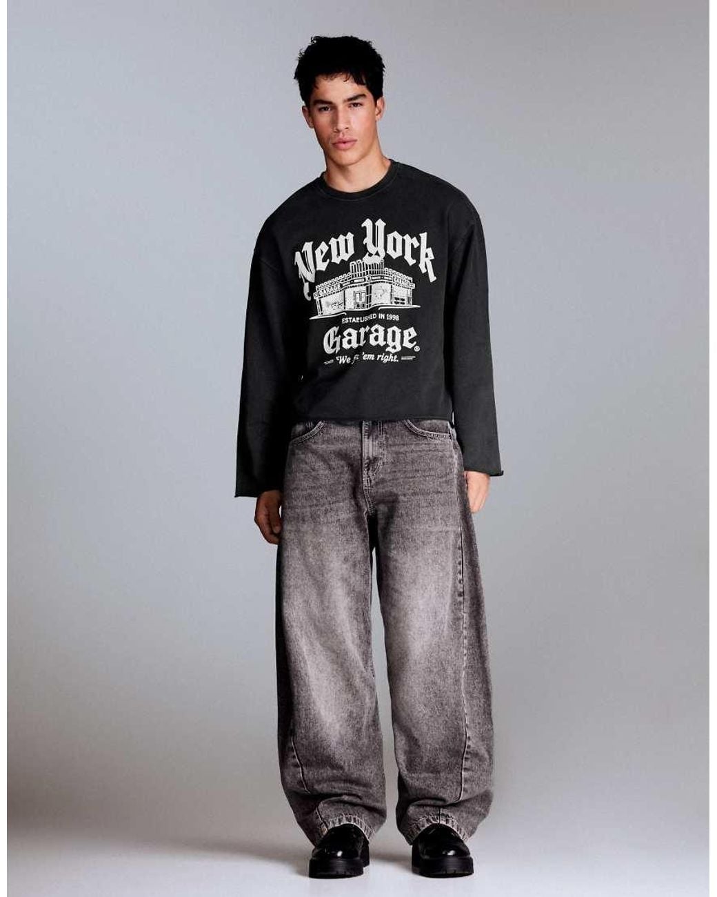Bershka Gray Round Neck Print Sweatshirt for men