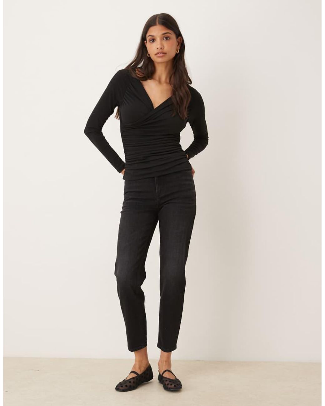 Aware Black Slinky Wrap Front Drapey Top