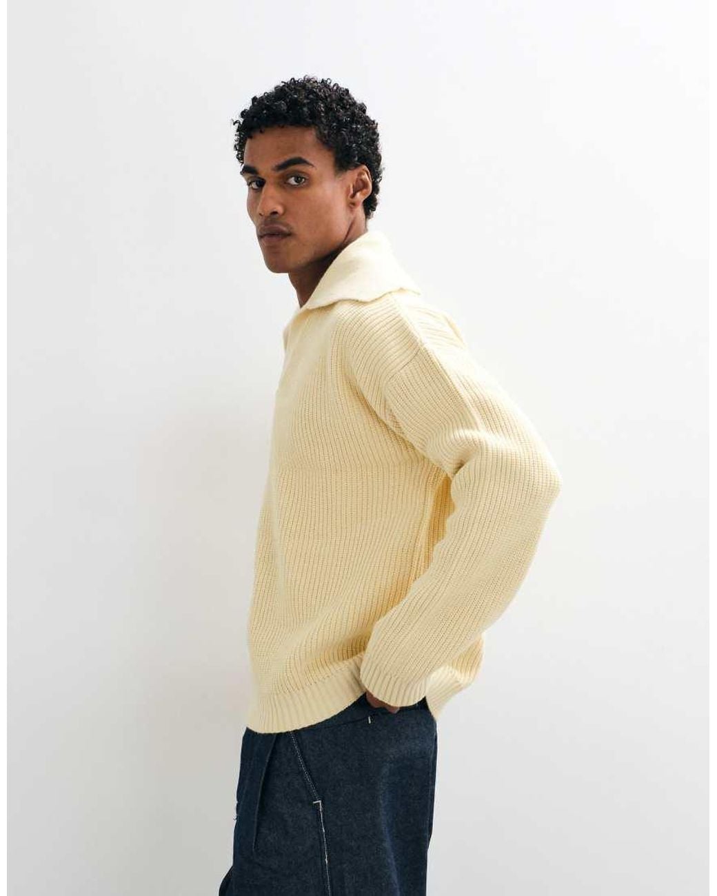 ASOS Natural Oversized Knitted Extreme Open Collar Polo Jumper for men