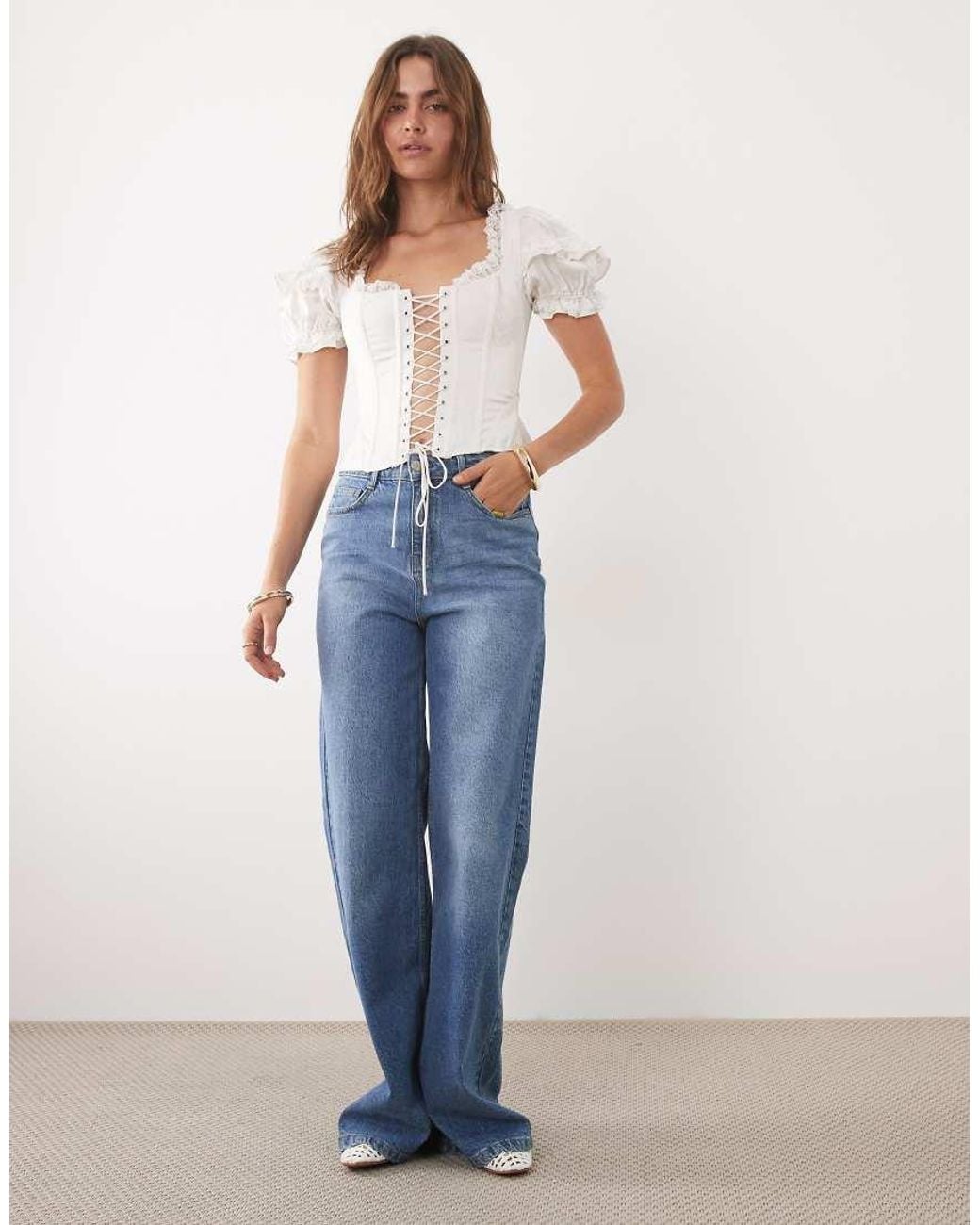 For Love & Lemons White Isadora Lace Up Front Puff Sleeve Corset Bustier Top