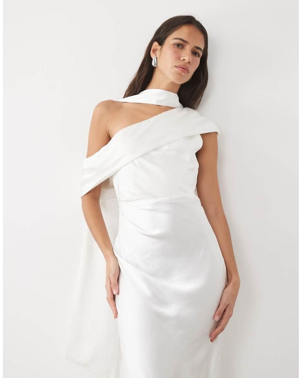 Six Stories White Bridal Satin Scarf Detail One Shoulder Maxi Dress