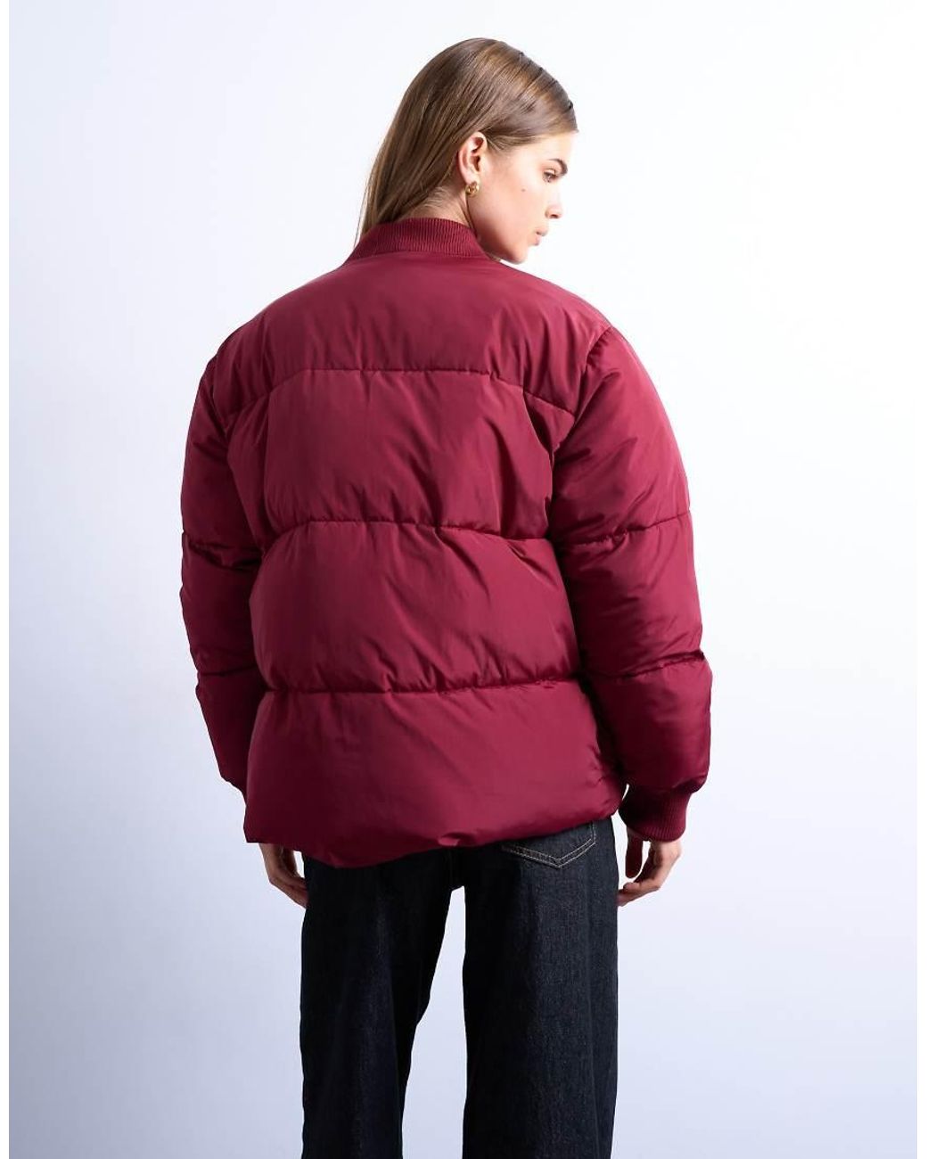 TOPSHOP Red Clean Rib Collar Puffer Jacket