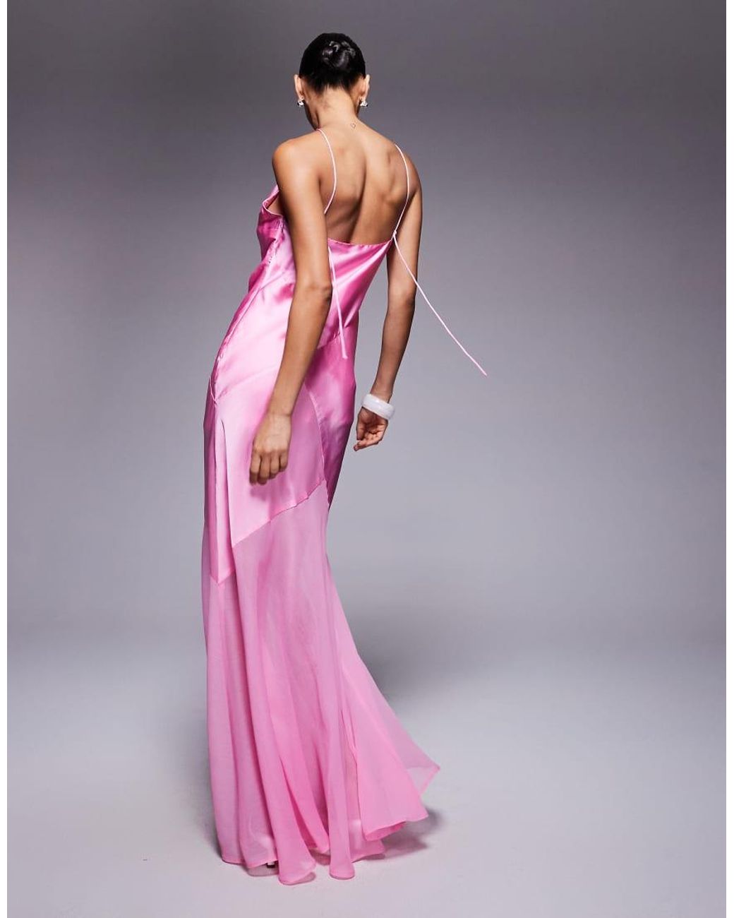 asos pink silk dress ASOS DESIGN satin batwing midi dress with drape bodice detail in fuchsia- Pink