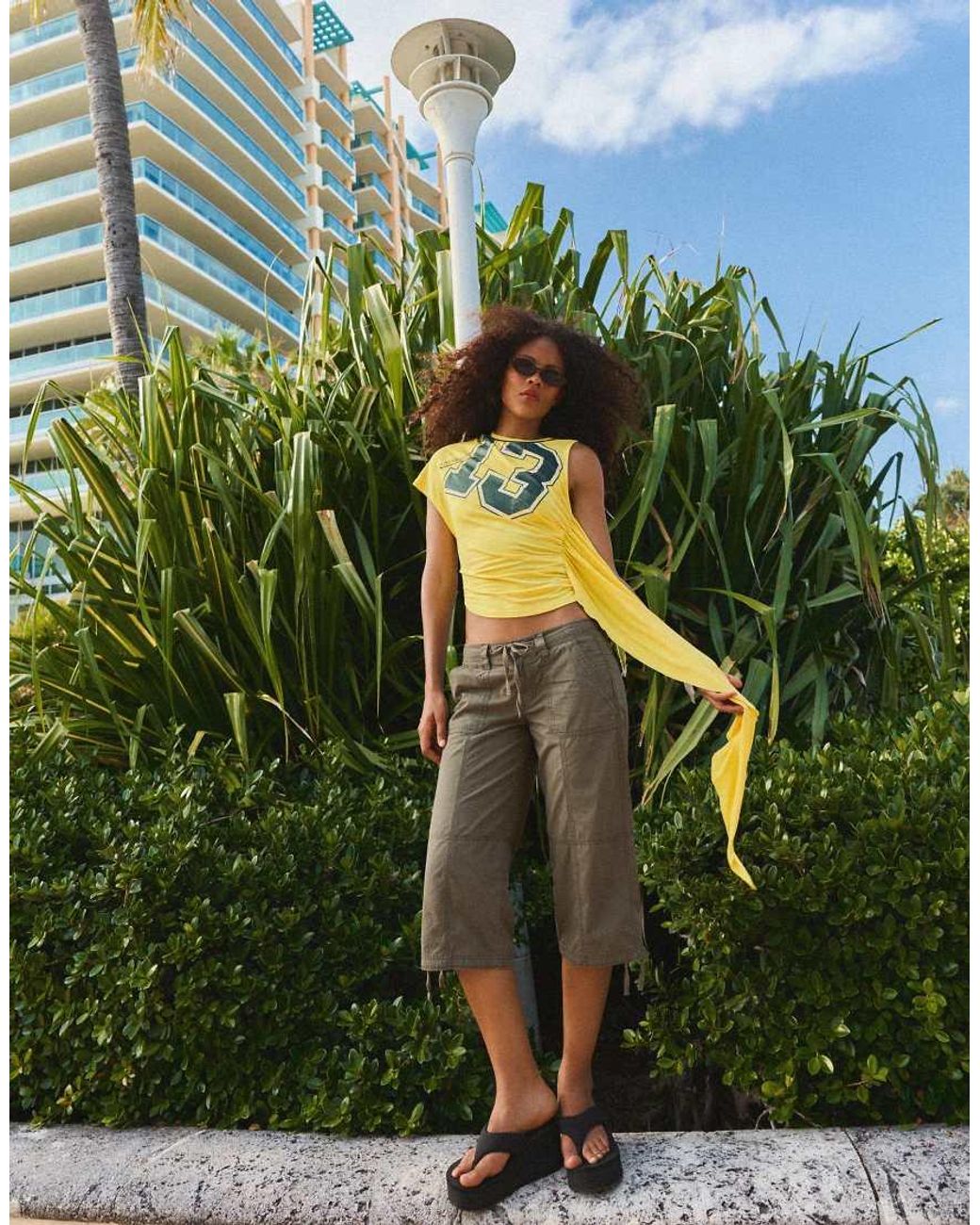 Bershka Yellow Asymmetric Ruched Kerchief Top