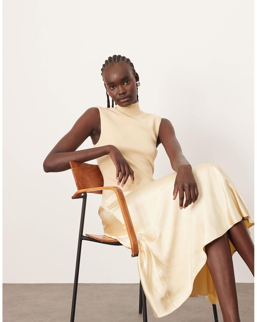 ARRANGE Knit Drop Waist Midi Dress With Satin Skirt in Natural | Lyst