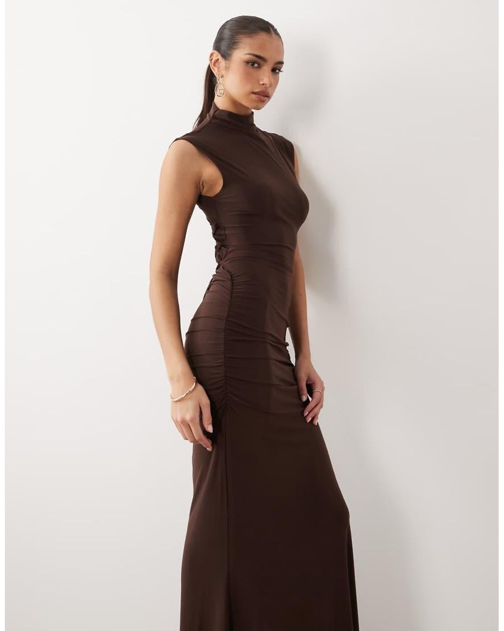 ASOS Brown Cap Sleeve Maxi Dress With Lace Up Detail And Ruching