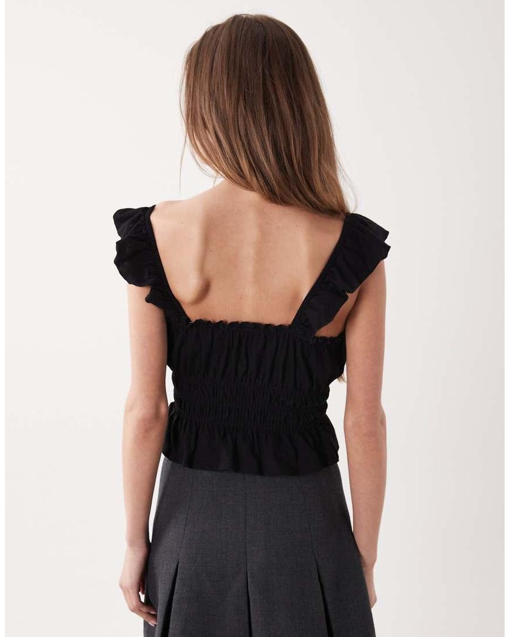 Miss Selfridge Black Shirred Top With Ruffle Sleeve