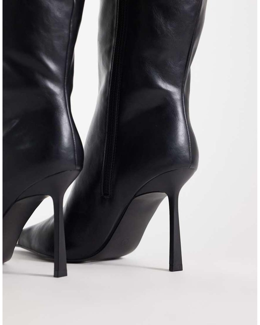 Public Desire Black Radiate Stiletto Heel Knee Boots With Pointed Metal Toe