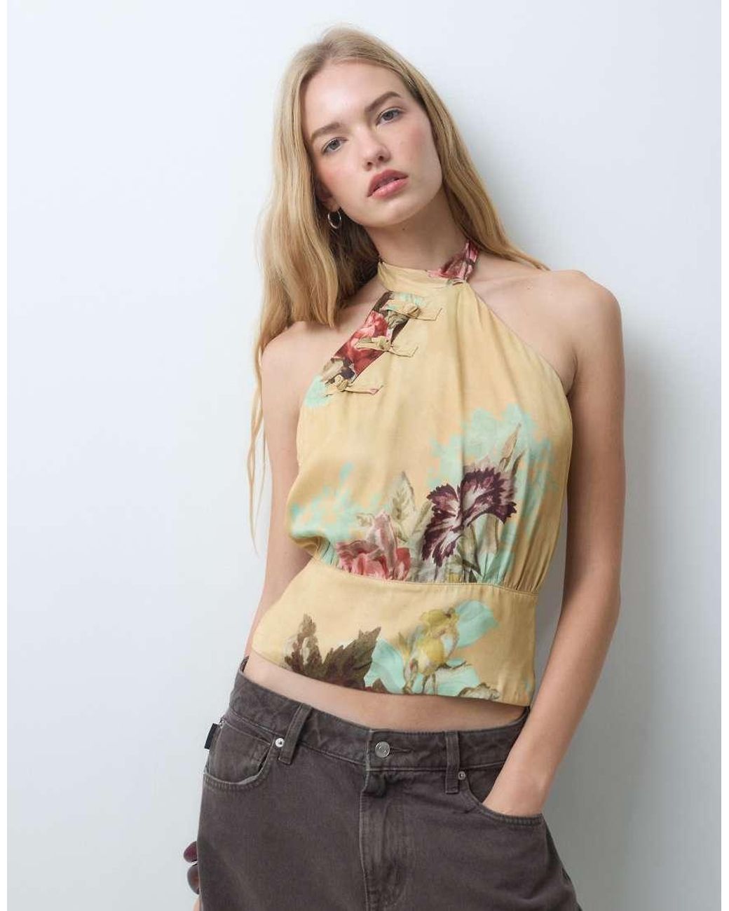 ASOS Natural Mandarin Wrap Neck Top