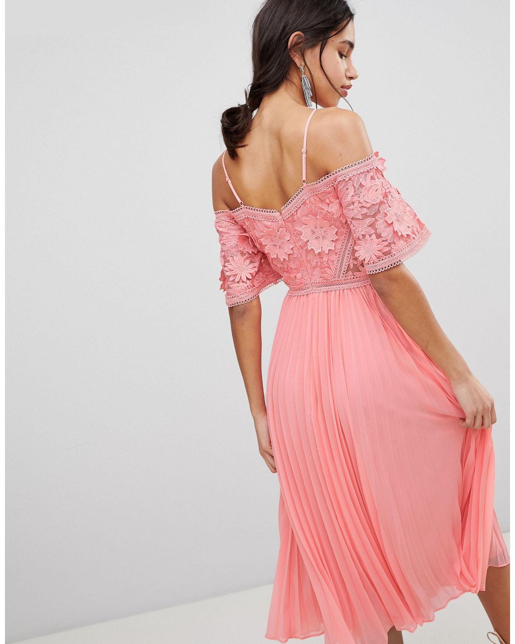 lace top midi dress with pleated skirt
