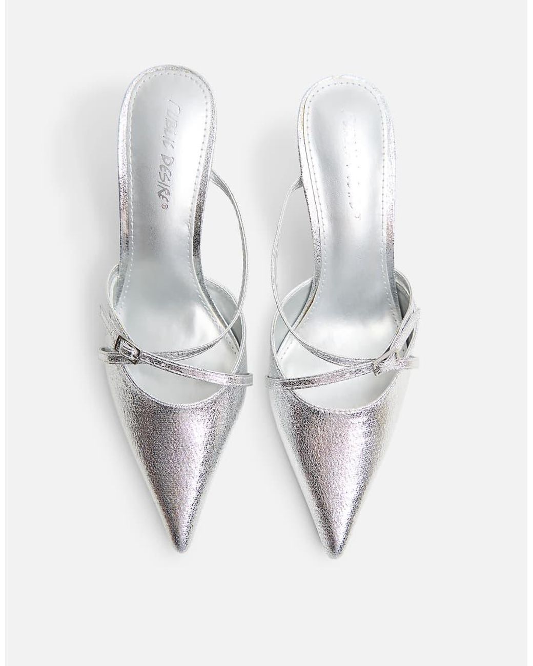 Public Desire White Casanova Cracked Buckle Detail Pointed Toe Mid Heel Mules