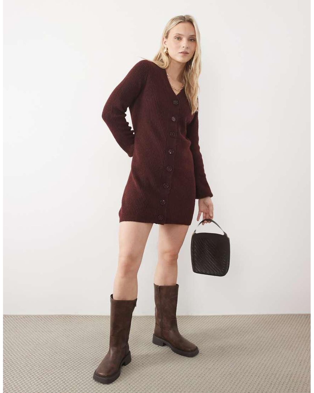Vero Moda Brown Button Front Balloon Sleeve Knitted Mini Dress