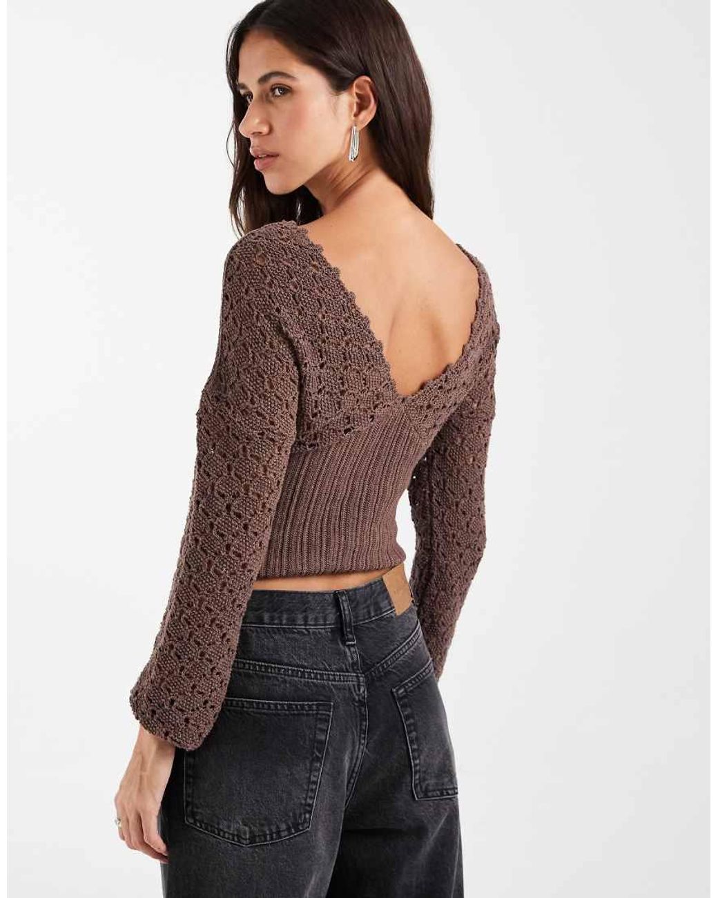ASOS Brown Knitted Plunge Cinch Long Sleeve Top