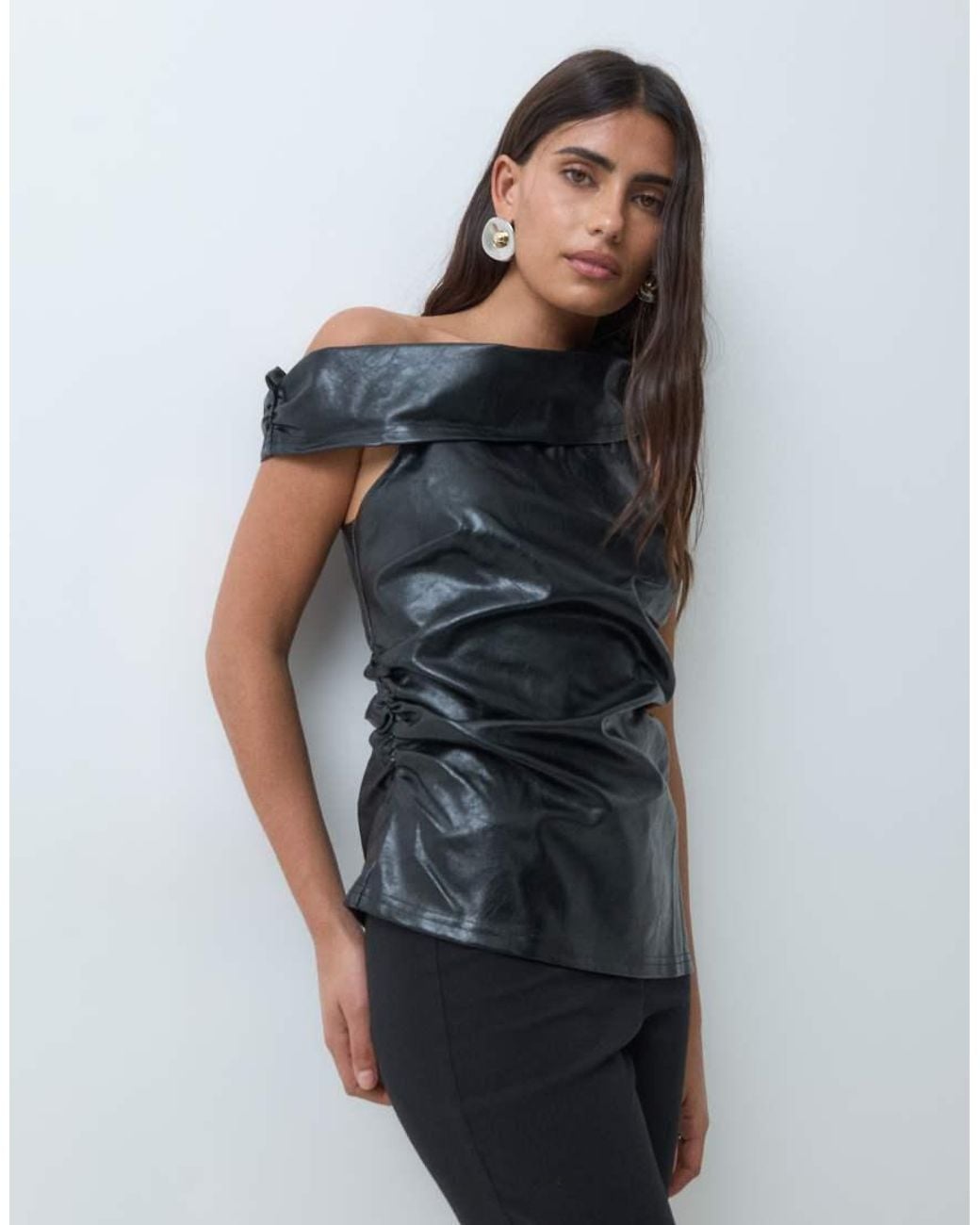 ASOS Blue Cinched Waist Leather Look Asymmetric Neck Top