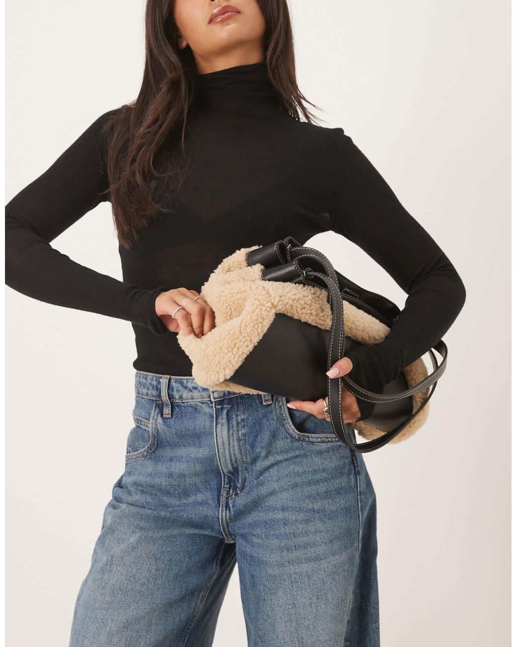 ASOS Black Faux Shearling Tote With Contrast Panel