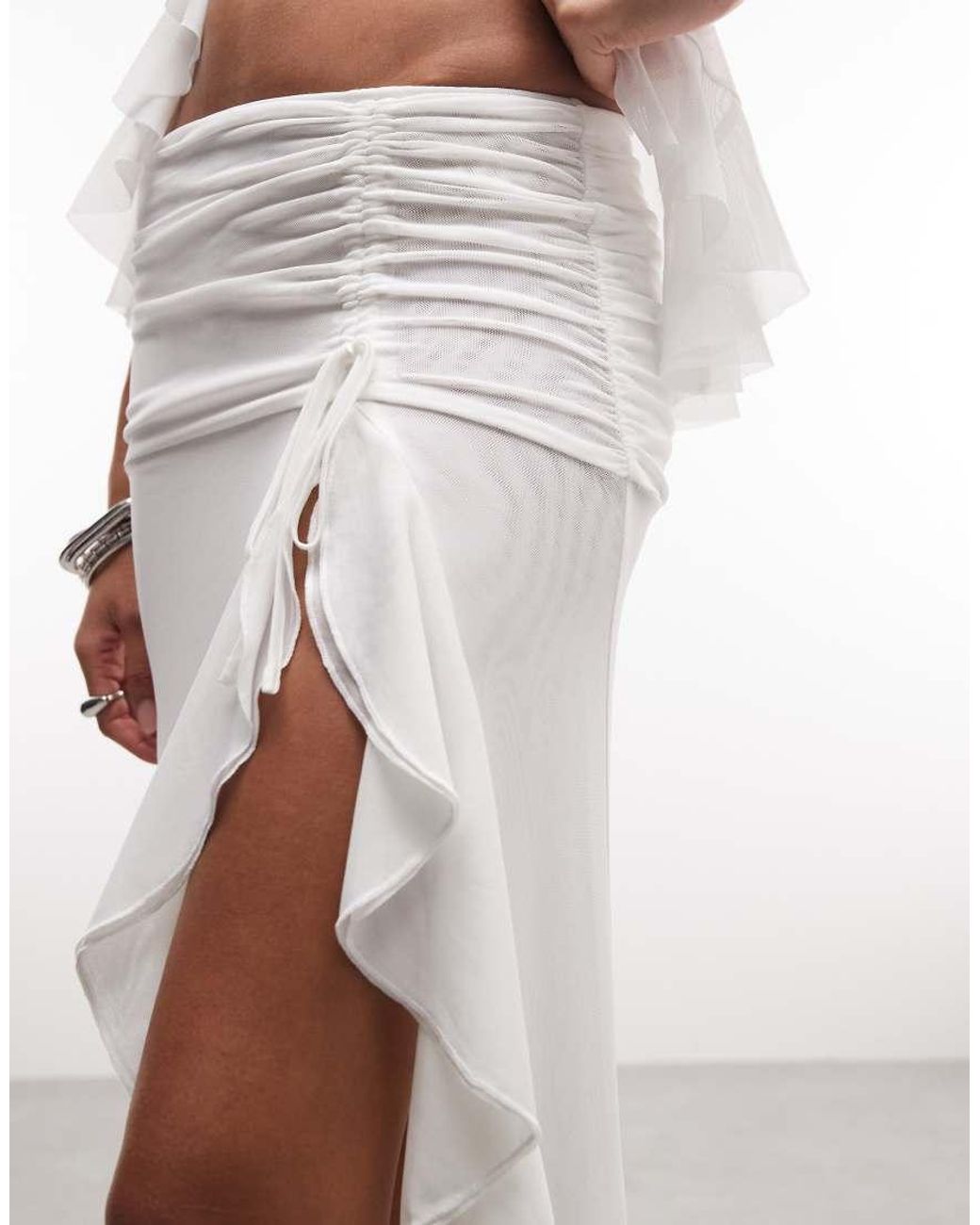 I.AM.GIA White Emilia Mesh Ruched Tie Waist Ruffle Thigh Split Maxi Skirt Co-ord