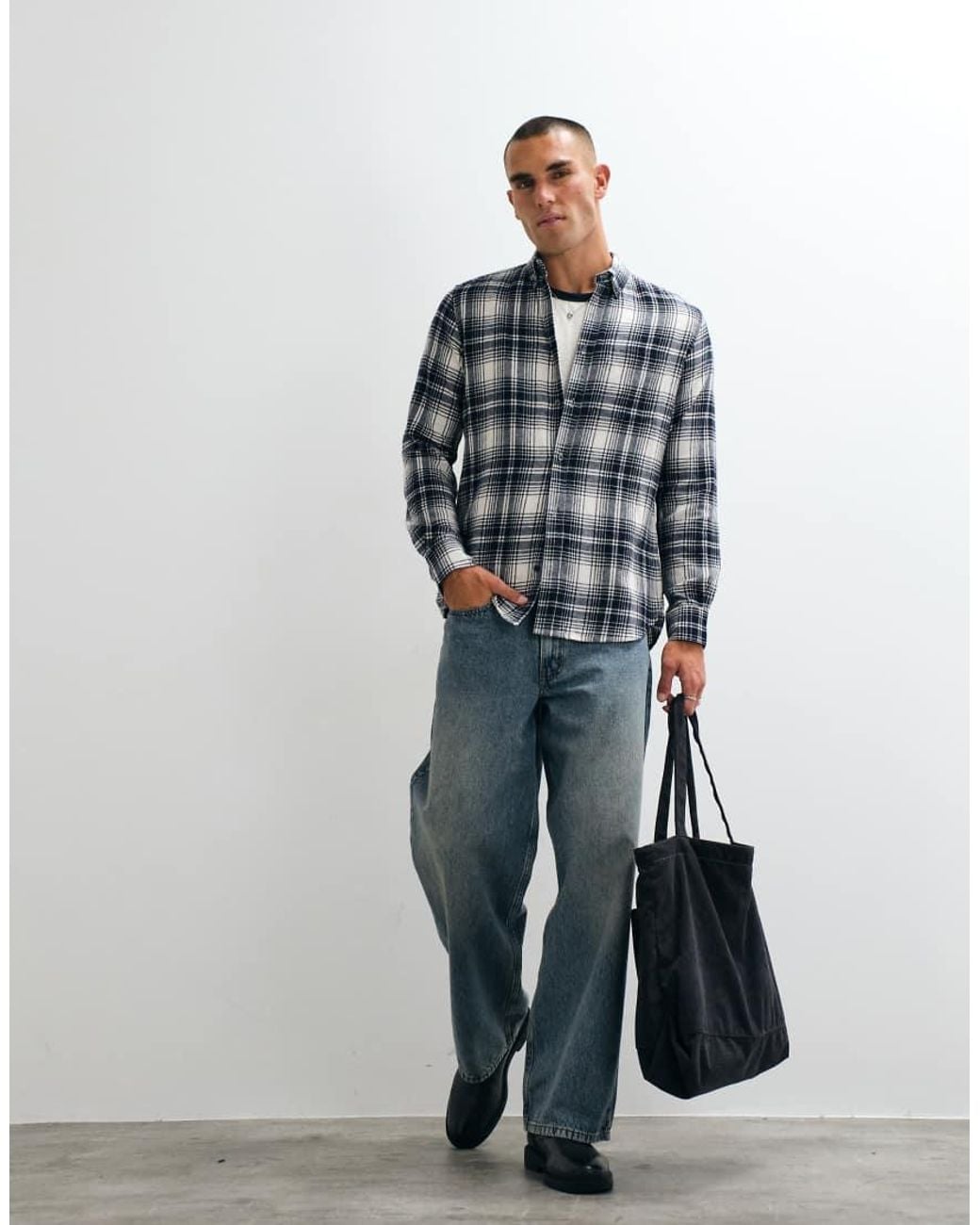 French Connection Blue Scot Long Sleeve Check Flannel Shirt for men