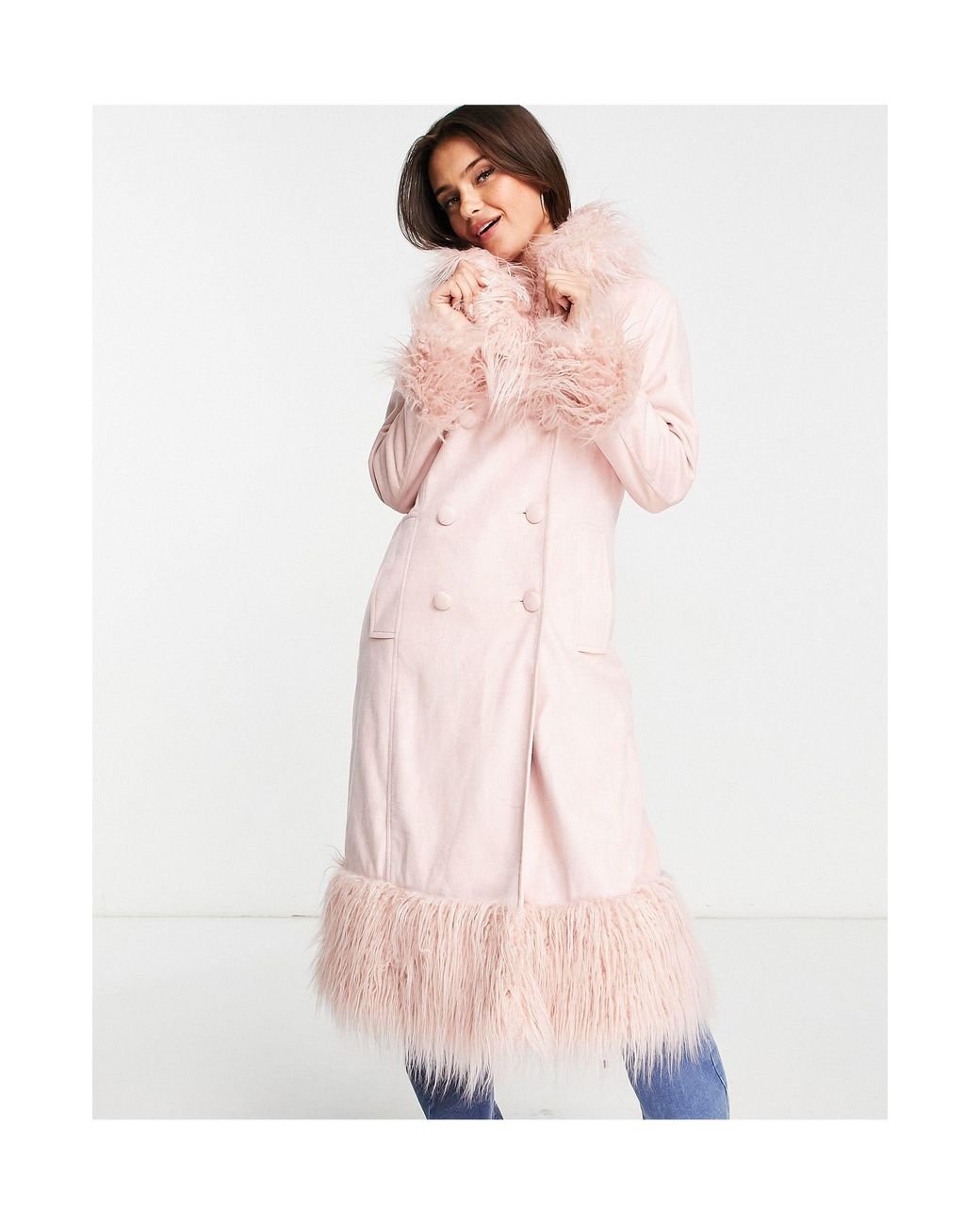 Miss Selfridge Petite faux fur collar and cuff dolly coat in pale blue |  ASOS