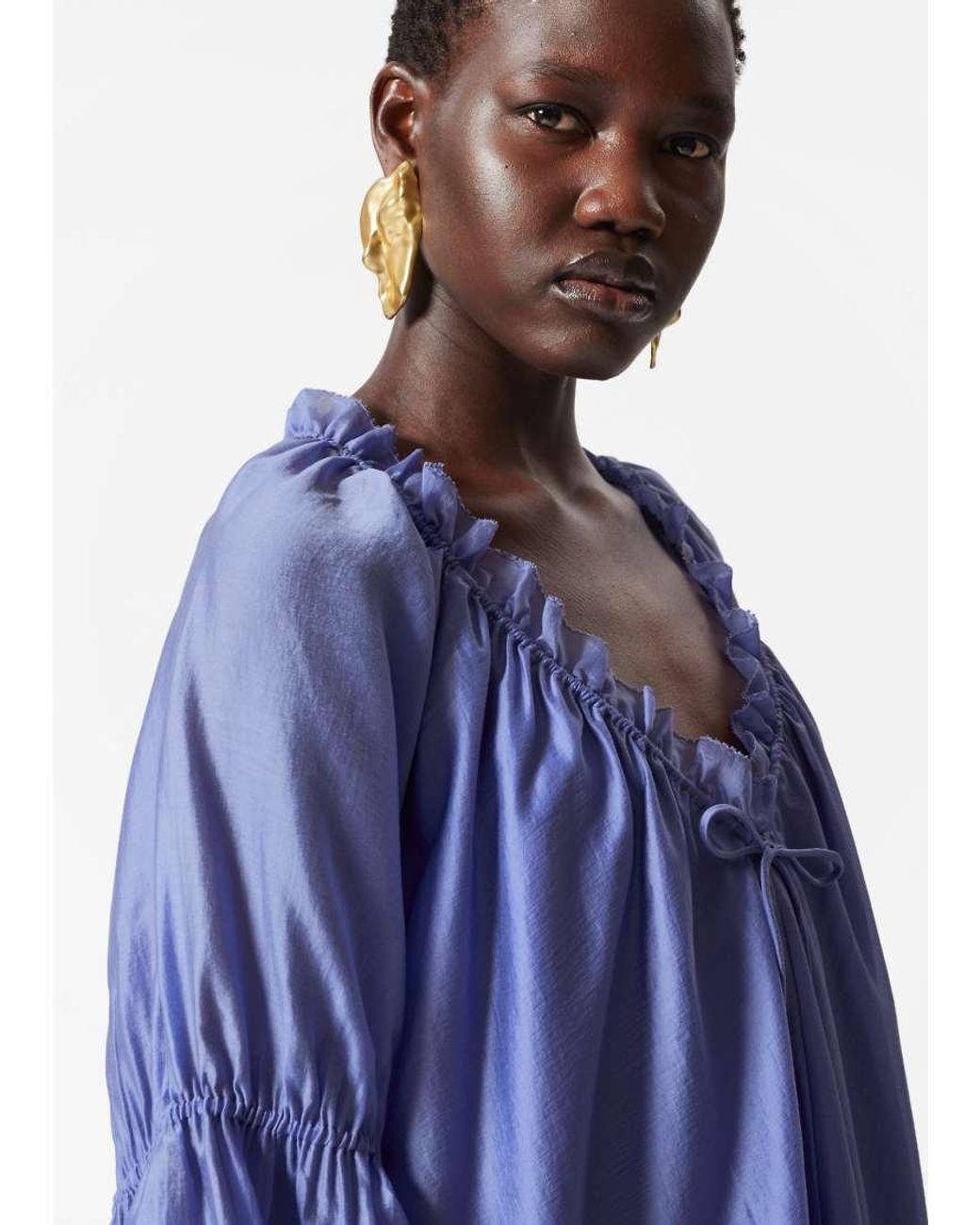 & Other Stories Blue Semi Sheer Mini Dress With Volume Sleeves