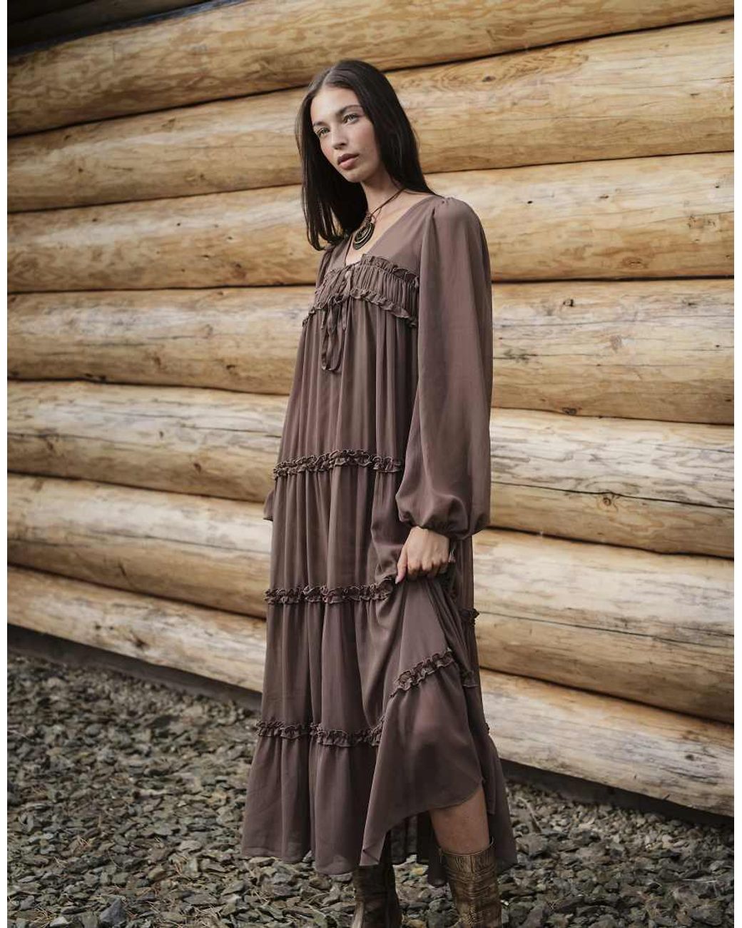 Daisy Street Natural Boho Chiffon Midi Dress With Ruffle Detailing