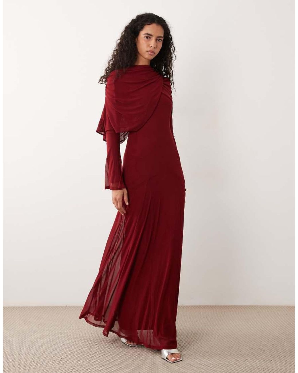 ASOS Red Modesty Mesh Maxi Dress With Overlay Draped Neckline Detail