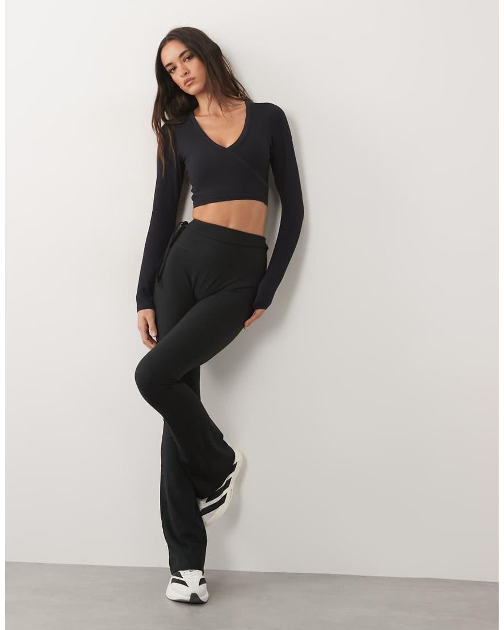 4505 Black Seamless Baby Rib Wrap Front Long Sleeve Top