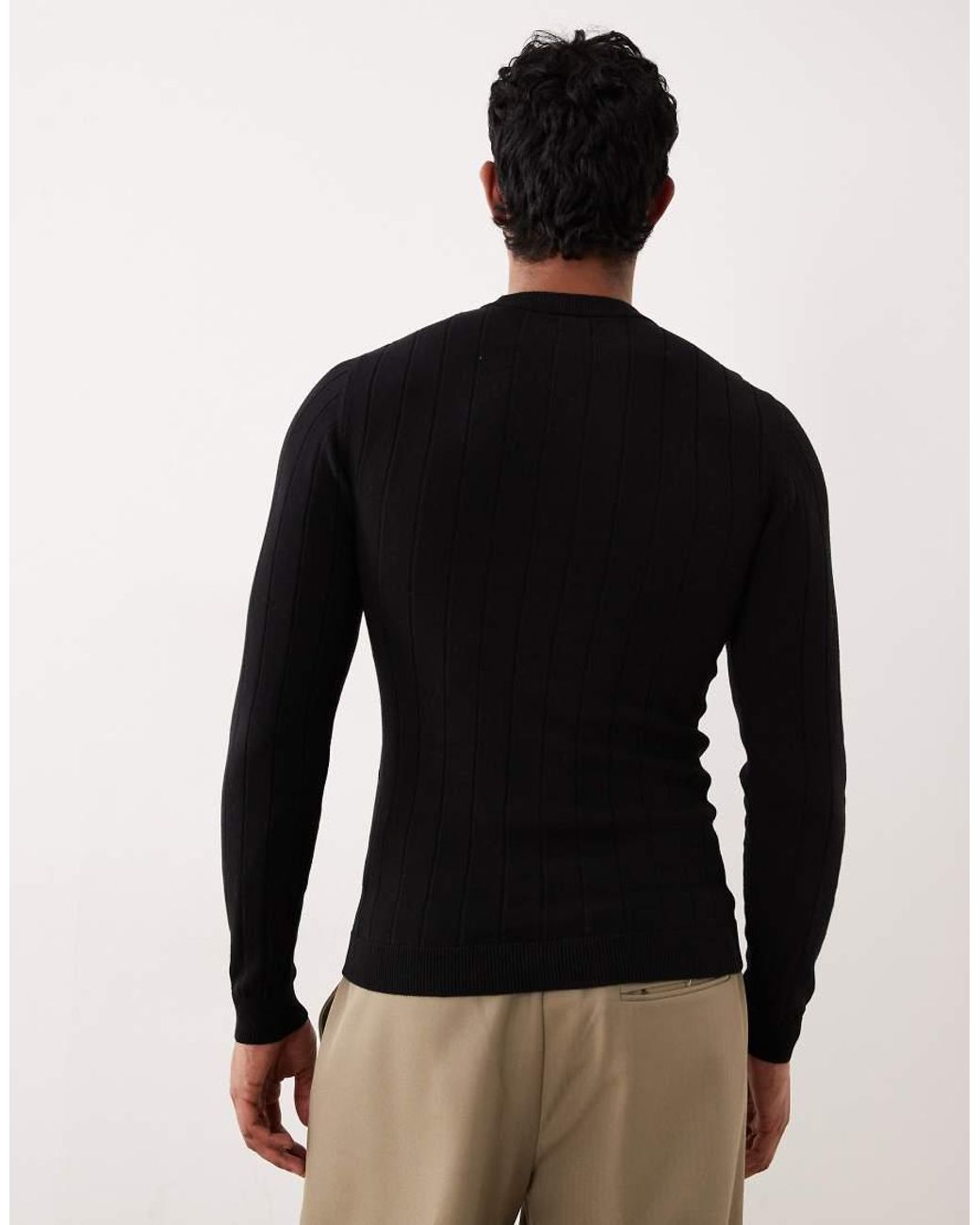 ASOS Black Muscle Fit Long Sleeve Knitted Rib T-shirt for men