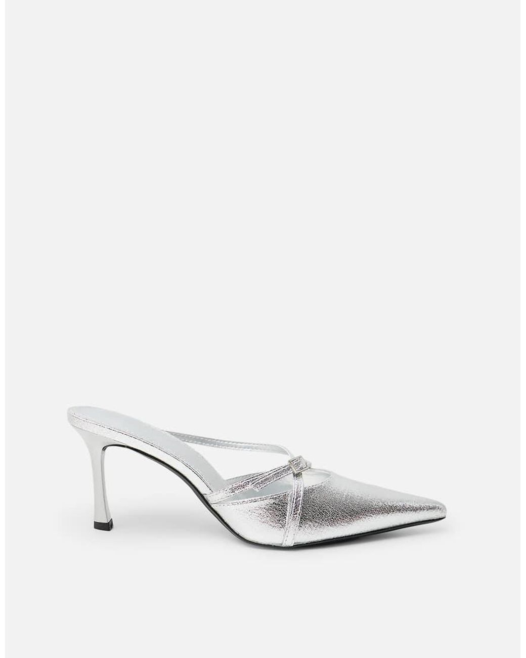 Public Desire White Casanova Cracked Buckle Detail Pointed Toe Mid Heel Mules