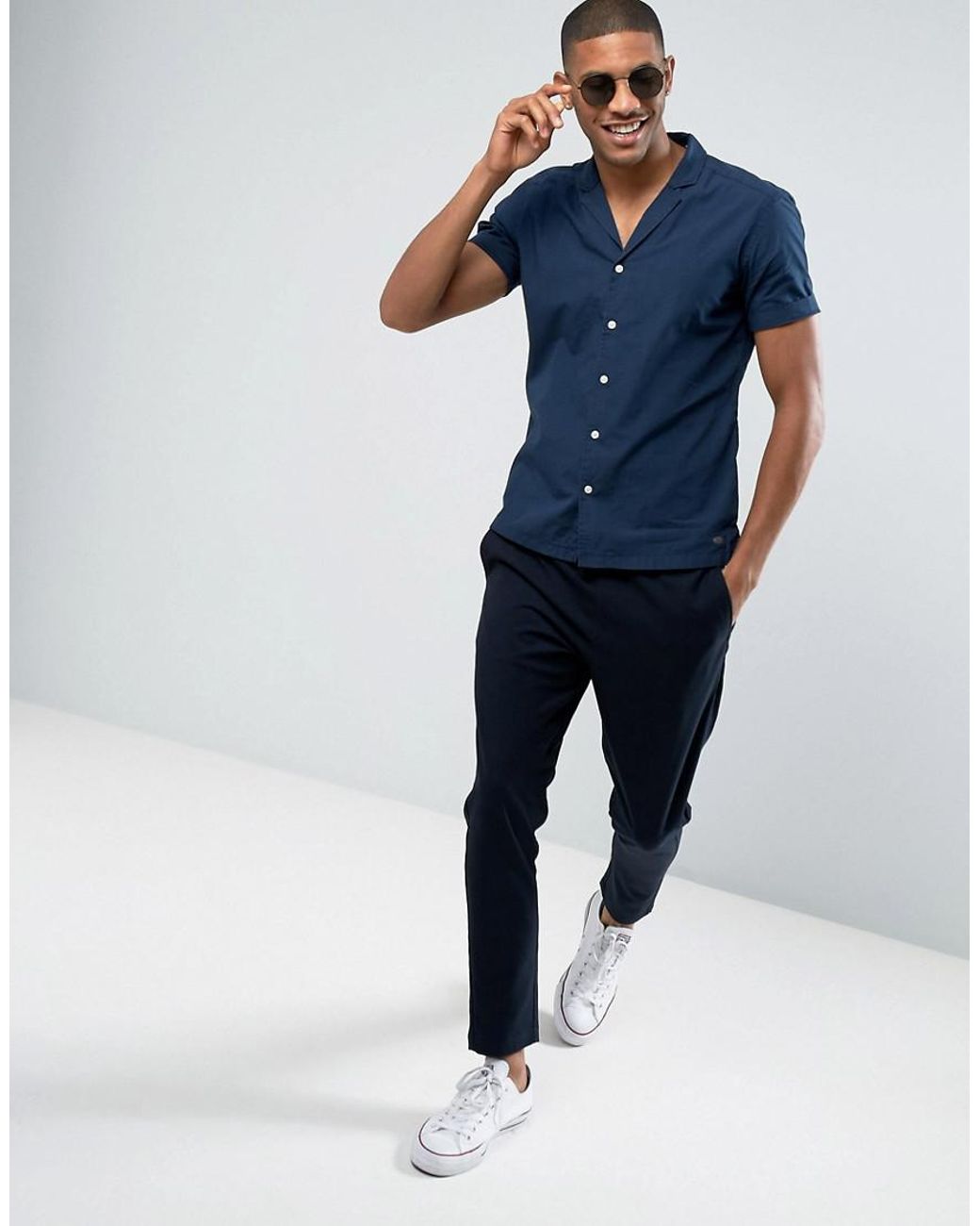 Esprit Short Sleeve Shirt In Slim Fit With Cuban Collar in Blue for Men |  Lyst