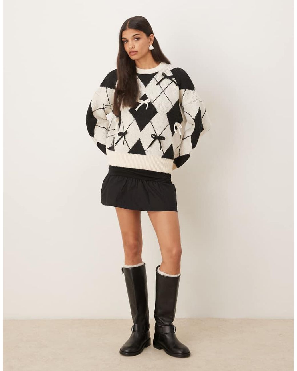 ASOS Natural Bow Placement Argyle Jumper
