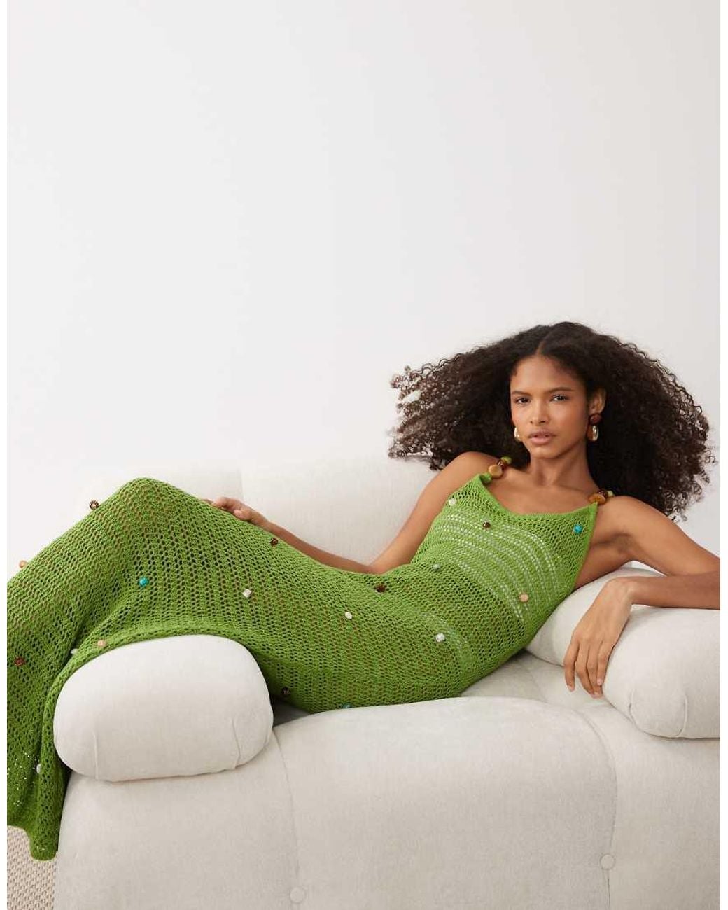 ASOS Green Slub Stitch Beaded Maxi Dress